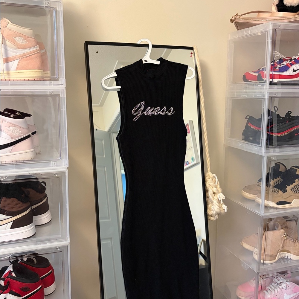 Guess Black Sleeveless Ribbed Logo Midi Dress with Embellished Script